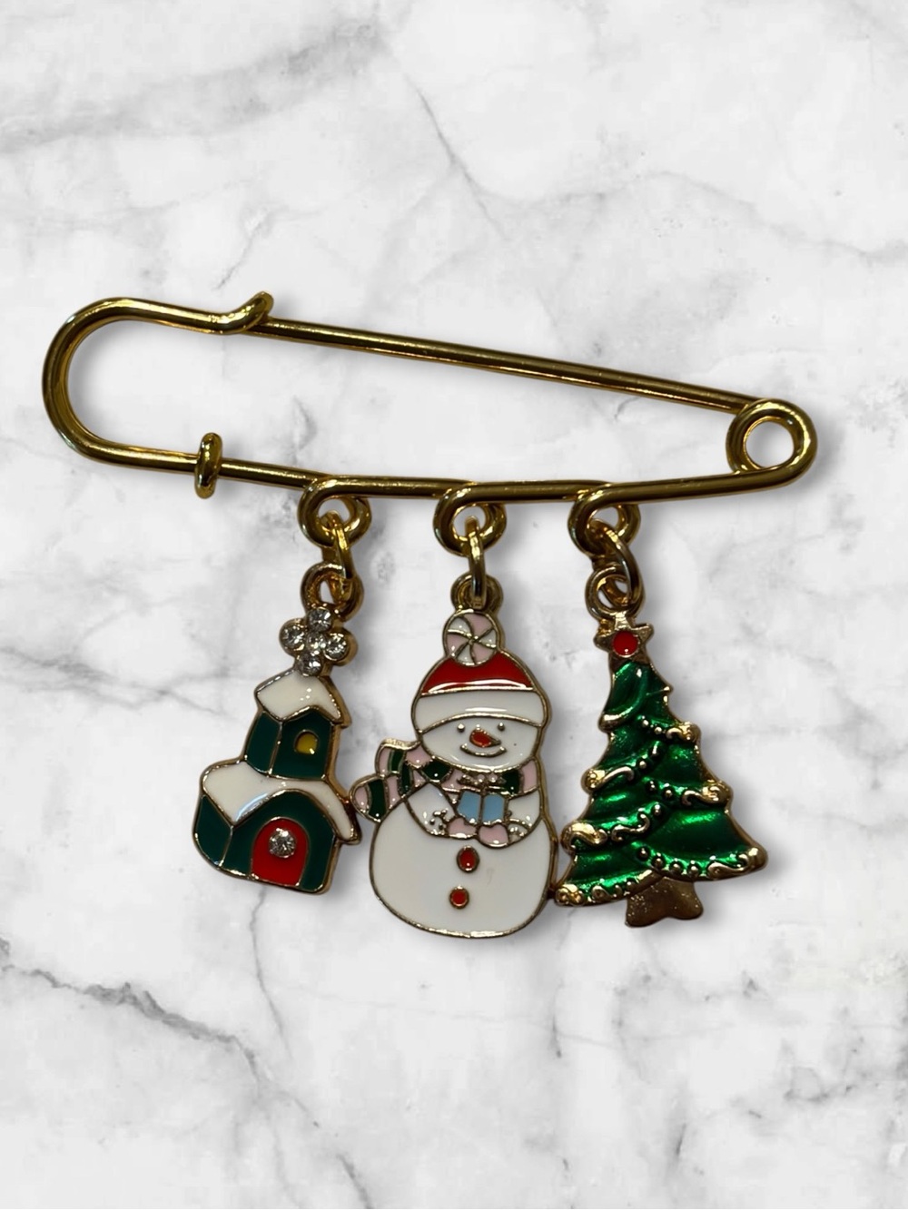 Gold-tone Christmas Charm Safety Pin Brooch with Snowman, Tree & House